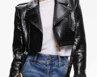 Cropped Leather Moto Jacket: Black Crocodile genuine cow leather, Gold Hardware