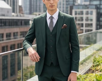 Skogsgrön herrkostym i tre delar – Mörkgrön tweedull, 3-delars slim fit, förlovare, bröllopskostym för män, spetsiga slag, skräddarsydd styling