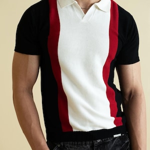 Black, White & Red Color Block Vintage Style Polo for Men