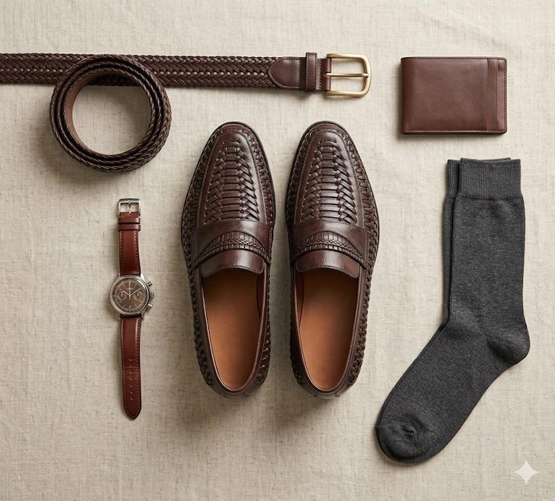 May include: A flat lay of men's accessories in shades of brown and gray. Includes woven leather loafers, a braided belt, a leather wallet, a watch with a brown leather strap, and a pair of gray socks.
