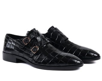 Handmade Black Crocodile Embossed Leather Monk Strap Shoes – Italian Design