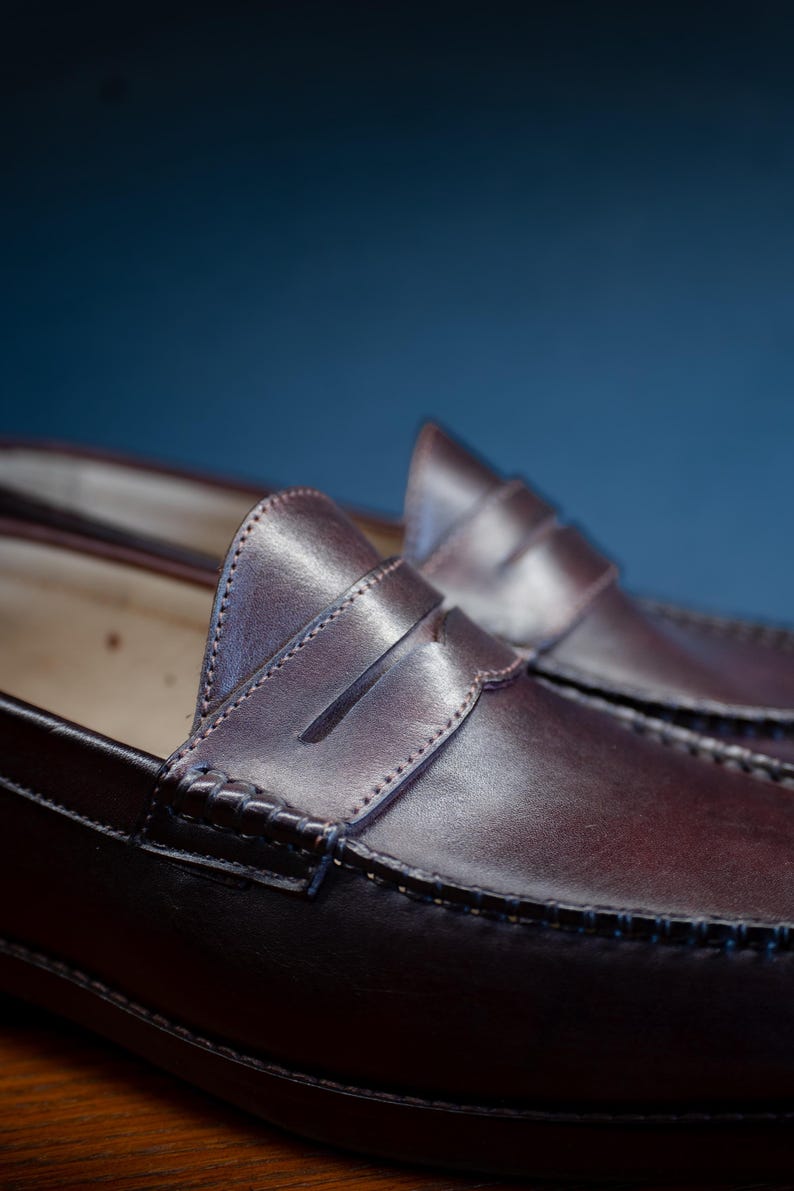 May include: Close-up of a pair of brown leather penny loafers. The shoes have a classic design with a stitched vamp and a strap across the top. The leather has a polished finish, and the shoes are set against a blue background.