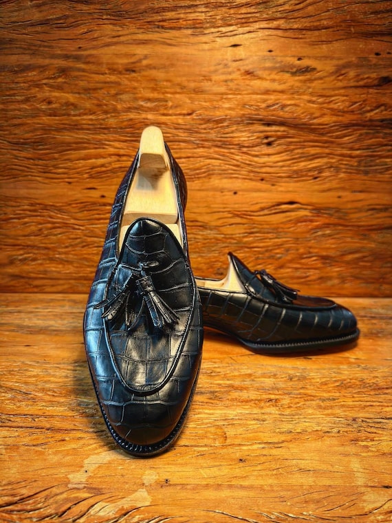 Black Alligator Embossed Tassel Loafers Men | Custom Luxury Moccasins | Wedding Slip-On Gift Him