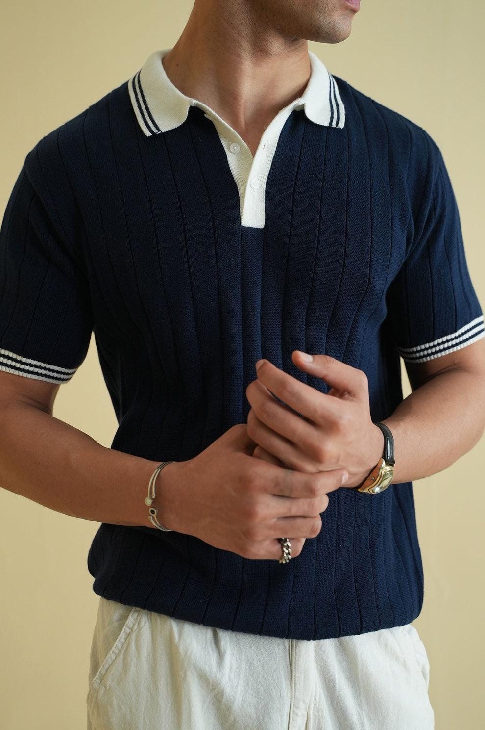 Navy Ribbed Knit Polo Shirt: Vintage Style Cotton Blend Menswear