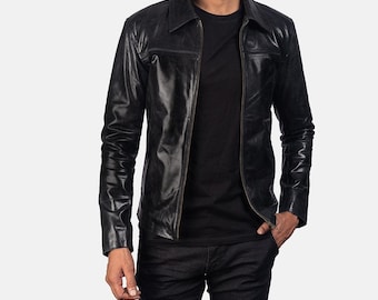 Black Vintage Style Genuine Leather Jacket with Zipper, Casual Everyday Leather Coat