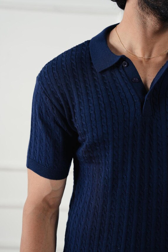 トップス EGONLAB KN002B KNIT POLO-SHIRT NAVY BLUE Navy Ribbed Knit Polo Shirt: Vintage Style Cotton Blend Menswear