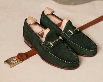 Mocassini artigianali in pelle scamosciata verde per uomo - Eleganti scarpe eleganti slip-on