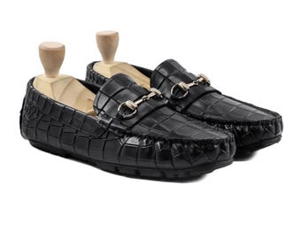 Handmade Crocodile Embossed Leather Horsebit Loafers: Men's Driving Shoes