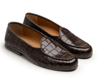 Mocasines de piel marrón oscuro con relieve de cocodrilo para hombre / Mocasines de lujo hechos a mano / Regalo para él