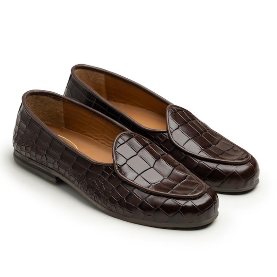 Dark Brown Crocodile Embossed Leather Loafers Men | Handmade Moccasins Luxury Dress Shoes | Gift Him