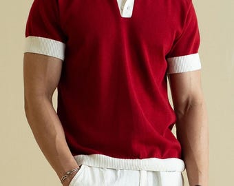 Vintage-Inspired Red Knit Polo Shirt | Short Sleeve Retro Collared Top for Men