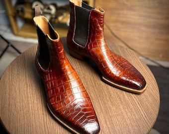 Brown Crocodile Chelsea Boots Men, Handmade Cognac Croc Embossed Leather Boots, Luxury Goodyear Welt Style Exotic Boots