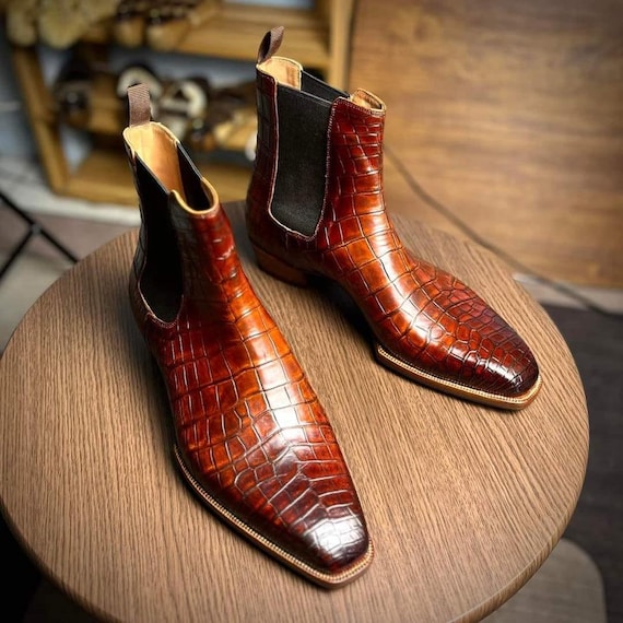 Brown Crocodile Chelsea Boots Men, Handmade Cognac Croc Embossed Leather Boots, Luxury Goodyear Welt Style Exotic Boots