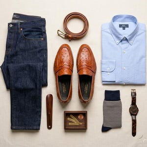 K&ouml;nnte beinhalten: Eine Zusammenstellung von Herrenmodeartikeln, darunter dunkelblaue Jeans, ein hellblaues Hemd, braune Lederloafer, ein brauner Lederg&uuml;rtel, eine Uhr und gestreifte Socken. Ein h&ouml;lzerner Schuhanzieher und eine kleine Holzschale mit Zubeh&ouml;r sind ebenfalls enthalten.