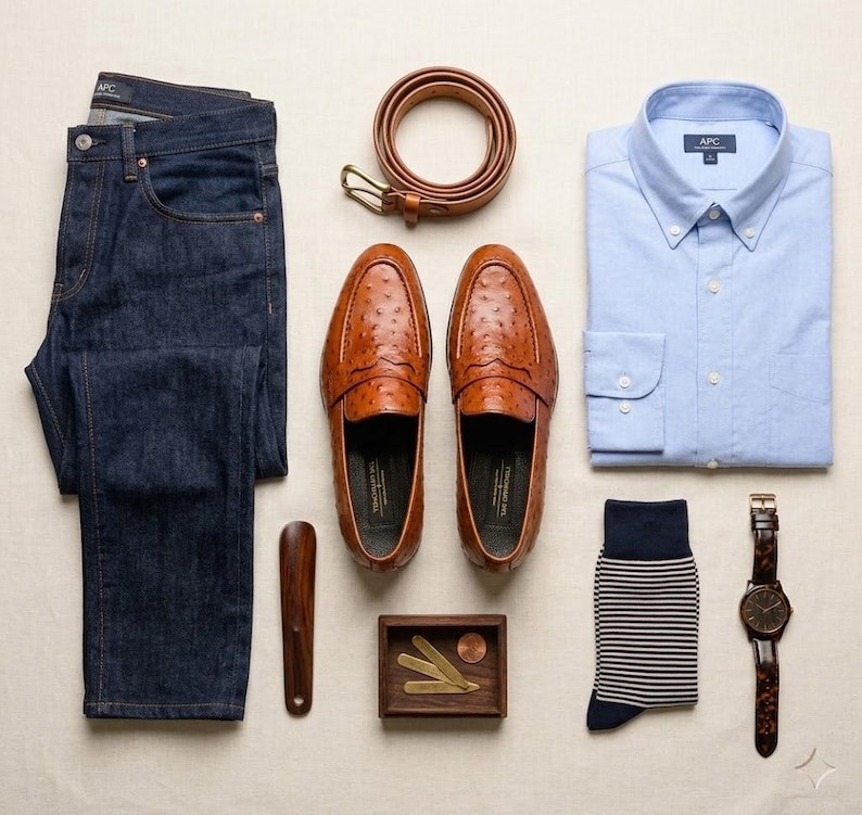 K&ouml;nnte beinhalten: Eine Zusammenstellung von Herrenmodeartikeln, darunter dunkelblaue Jeans, ein hellblaues Hemd, braune Lederloafer, ein brauner Lederg&uuml;rtel, eine Uhr und gestreifte Socken. Ein h&ouml;lzerner Schuhanzieher und eine kleine Holzschale mit Zubeh&ouml;r sind ebenfalls enthalten.
