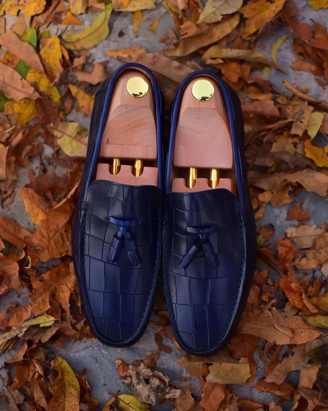 Handcrafted Navy Blue Leather Loafers Crocodile Emboss 
