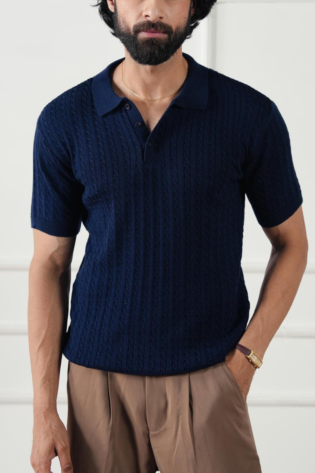 Navy Ribbed Knit Polo Shirt: Vintage Style Cotton Blend Menswear