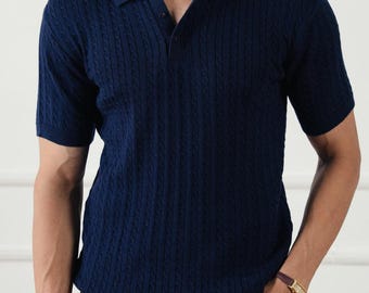 Marineblauw geribbeld gebreid poloshirt: herenkleding vintage stijl katoenmix