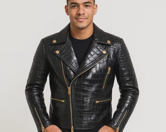 Men’s Black Crocodile Embossed Leather Biker Jacket - Luxury Gold Hardware Moto Jacket