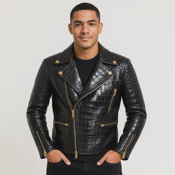 Men's Black Crocodile Embossed Leather Biker Jacket - Luxury Gold