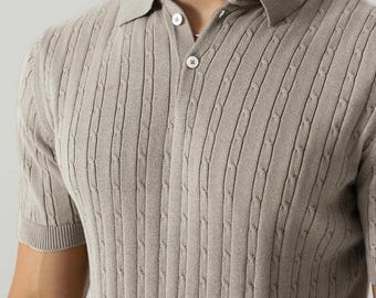 Polo en maille torsadée vintage pour homme • Style rétro des années 50 • Polo Old Money • Haut texturé