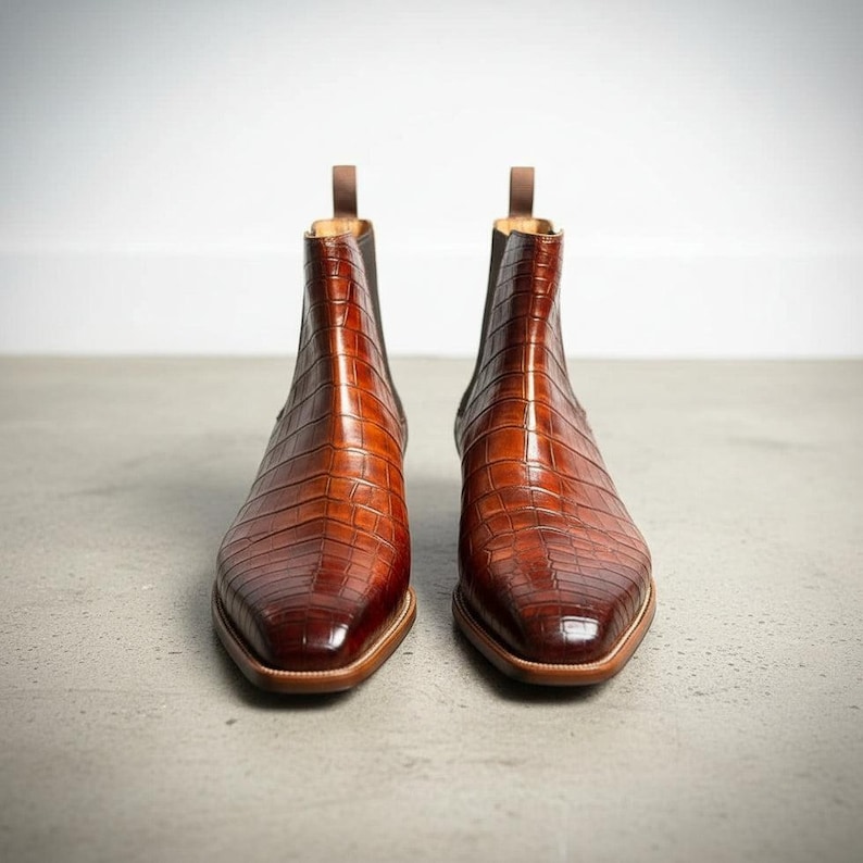 Handmade brown crocodile embossed Chelsea boots for men in multi tonal cognac leather, luxury exotic boots with stacked leather heel, elastic side gussets and Goodyear style welt finish