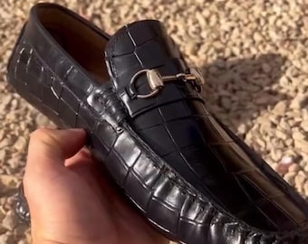 Handmade Crocodile Pattern Black Loafers | Mens Custom Dress Shoes | Luxury Horsebit Slip On Moccasins