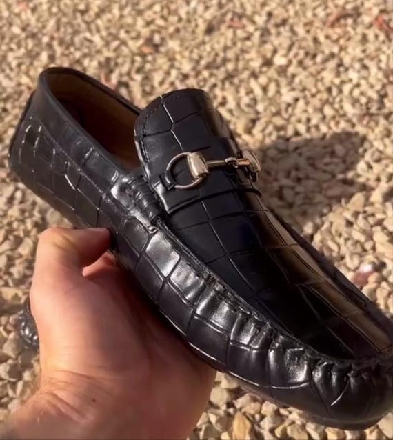 Handmade Crocodile Pattern Black Loafers | Mens Custom Dress Shoes | Luxury Horsebit Slip On Moccasins