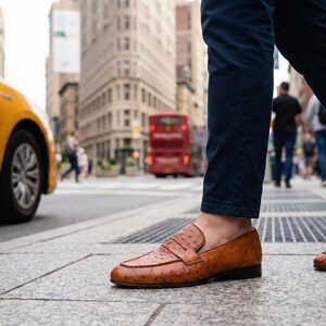 K&ouml;nnte beinhalten: Braune Leder-Penny-Loafer mit strukturiertem Finish. Die Schuhe haben ein klassisches Design mit runder Spitze und einem Riemen &uuml;ber dem Spann. Das Bild zeigt die Schuhe auf einer Stadtstra&szlig;e.