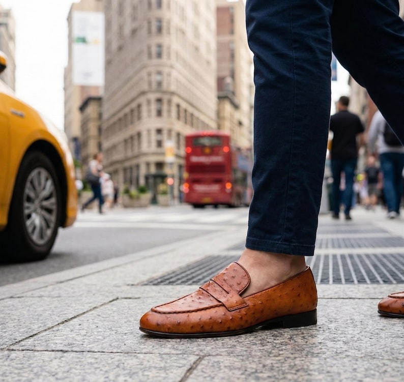 K&ouml;nnte beinhalten: Braune Leder-Penny-Loafer mit strukturiertem Finish. Die Schuhe haben ein klassisches Design mit runder Spitze und einem Riemen &uuml;ber dem Spann. Das Bild zeigt die Schuhe auf einer Stadtstra&szlig;e.