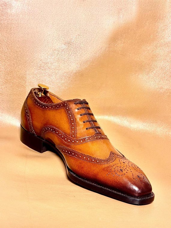 Hand-Patinaed Cognac Leather Wingtip Brogue Oxford Shoes