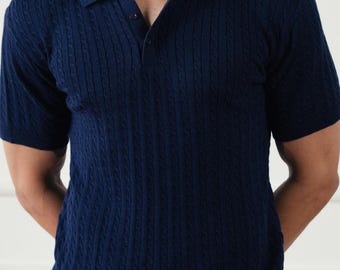 Navy Ribbed Knit Polo Shirt: Vintage Style Cotton Blend Menswear