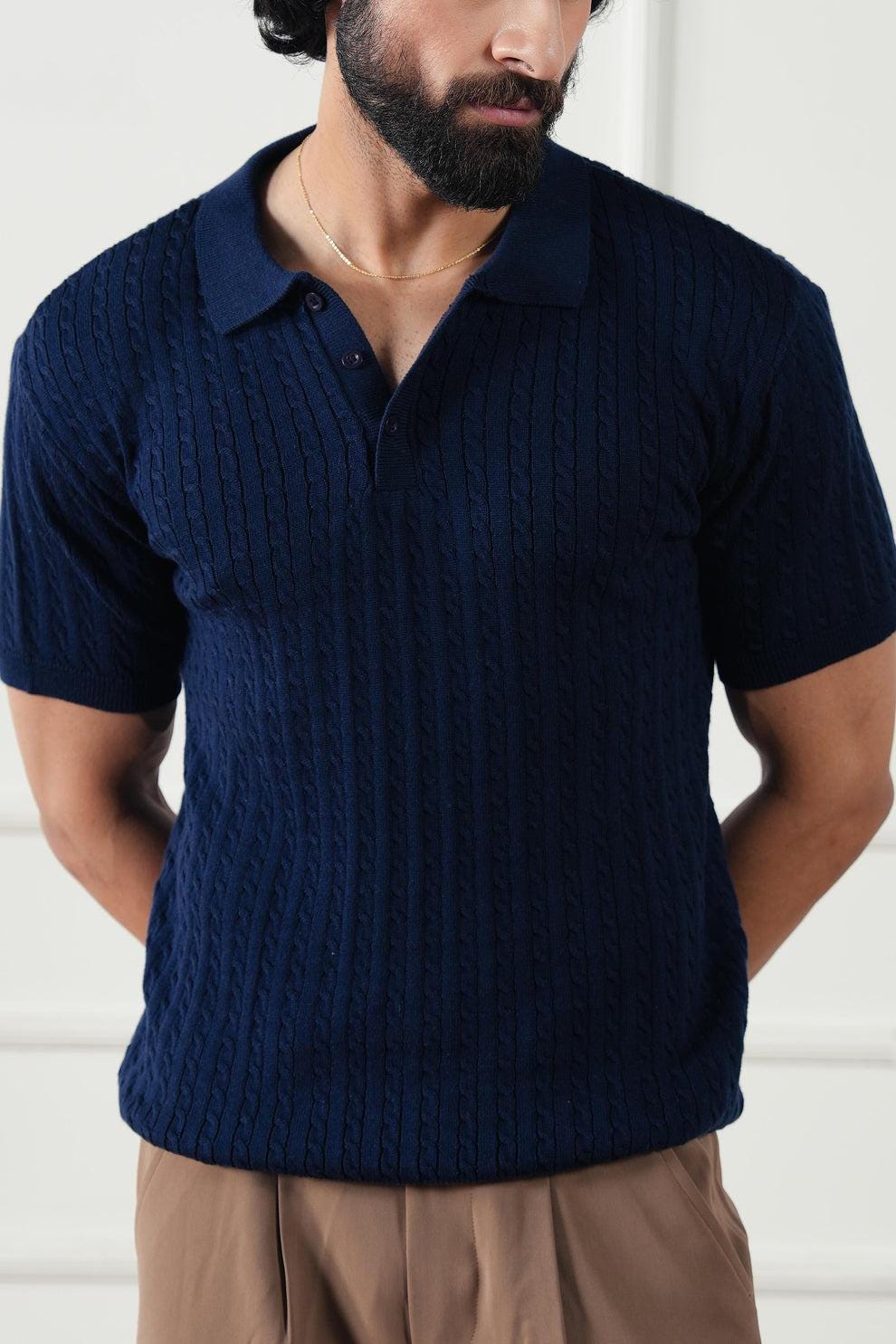 Navy Ribbed Knit Polo Shirt: Vintage Style Cotton Blend Menswear