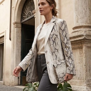 White Snakeskin Embossed Leather Blazer – Genuine Calfskin Python Tailored Jacket