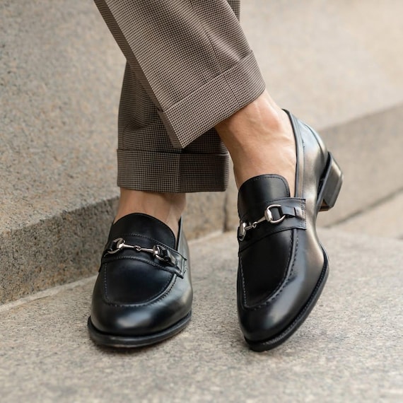 Black Leather Silver Horsebit Loafers - Main Image