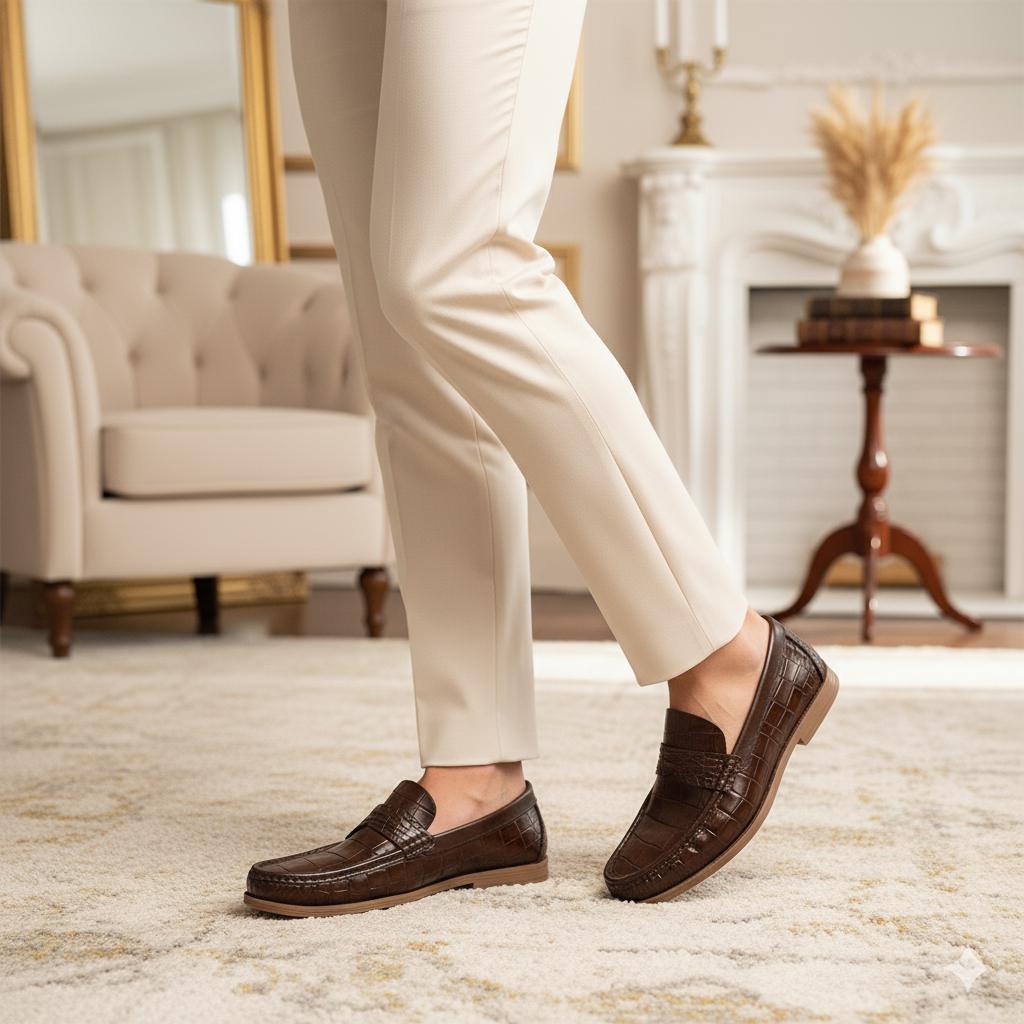 Elalaty Hand Made Egypt Brown Leather Croc Embossed Slip On Loafers Mens 41 US 8 Men main image 3