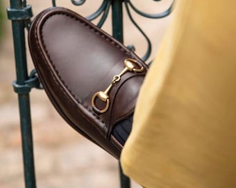 Męskie ciemnobrązowe skórzane mokasyny typu horsebit, wsuwane buty wizytowe z prawdziwej skóry cielęcej, ręcznie robione luksusowe mokasyny typu penny, prezent za stare pieniądze