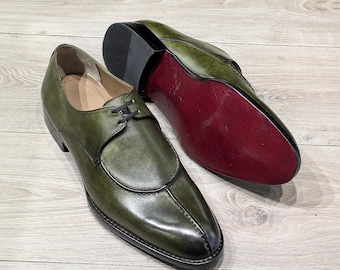 Handmade Olive Green Patina Leather Derbies - Bespoke Men’s Split Toe Dress Shoes