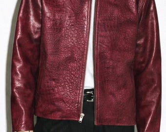 Burgundy Crocodile Embossed Leather Jacket – Men’s Oxblood