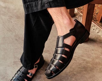 Luxury Men’s Black Leather Fisherman Sandals - Handmade Italian Calfskin Strappy Sandals