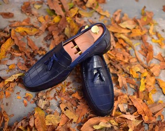 Handcrafted Navy Blue Leather Loafers crocodile emboss leather – Luxury Footwear for Gentlemen