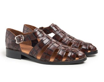 Handmade Men's Leather Fisherman Sandals, Brown Mock Croc Huaraches, Closed Toe Summer Loafers
