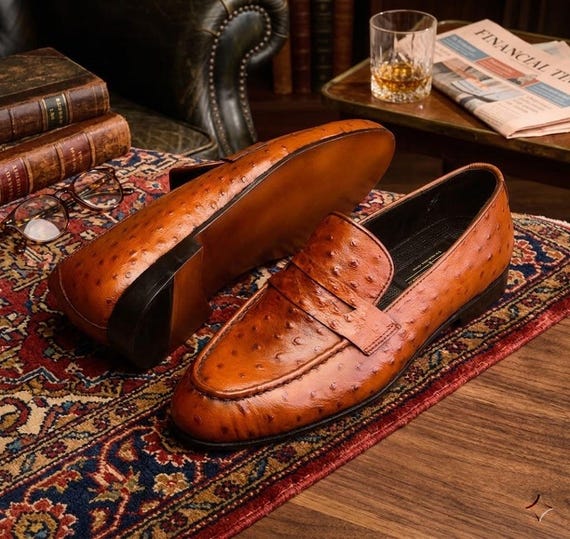 Genuine Ostrich Emboss Leather Penny Loafers Men | Full Quill Cognac Exotic Slip-On | Handmade Gift Him