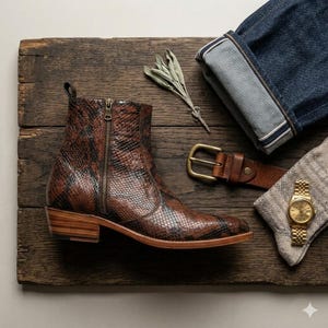 May include: A brown and black snakeskin-patterned ankle boot with a zipper, paired with rolled-up blue jeans, a brown leather belt, and a gold wristwatch on a patterned cloth. The items are arranged on a rustic wooden surface.