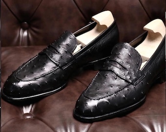 Luxury Black Ostrich Leather Penny Loafers | Exotic Skin Men's Dress Shoes | Handcrafted Slip-Ons