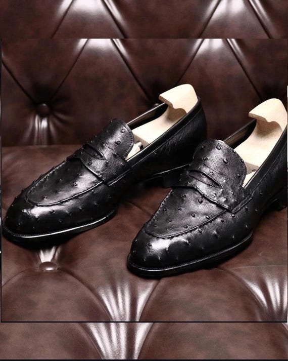 Luxury Black Ostrich Leather Penny Loafers | Exotic Skin Men's Dress Shoes | Handcrafted Slip-Ons