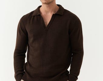 Men's Brown Knit Polo Sweater | Long Sleeve V-Neck Collared Jumper | Classic Retro Style Pullover