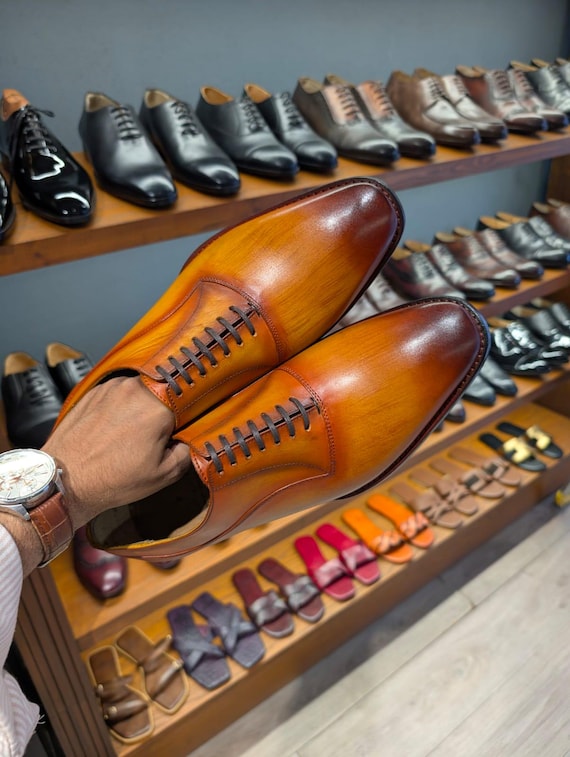 Handcrafted Men’s Leather Derby Shoes - Burnished Honey Patina Dress Shoes - Artisan Hand-Painted