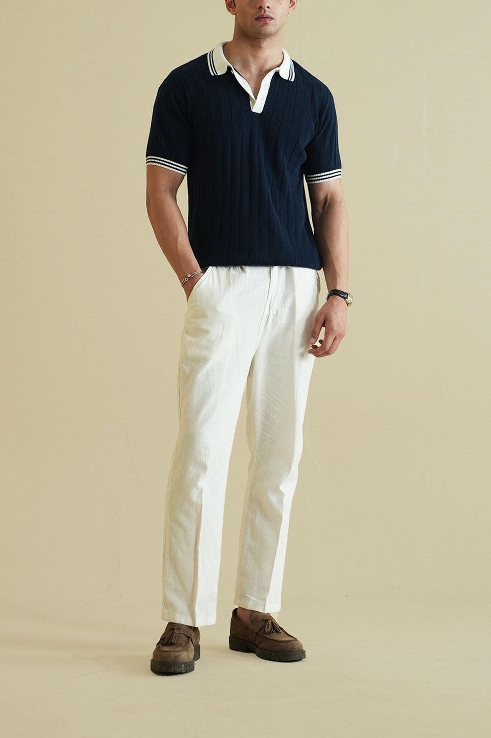 Navy Ribbed Knit Polo Shirt: Vintage Style Cotton Blend
