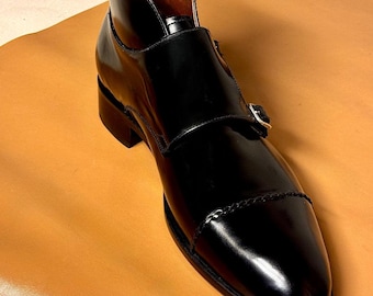 Stivali da uomo in pelle nera con doppio cinturino Monk, stivaletti eleganti fatti a mano con puntale, stivali eleganti di lusso con fibbia per uomo